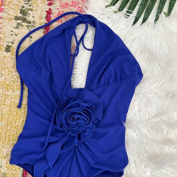 Zara Royal Blue Cinched Flower Applique Halter Romper Tank Top Small Y2K Style - Picture 3 of 5